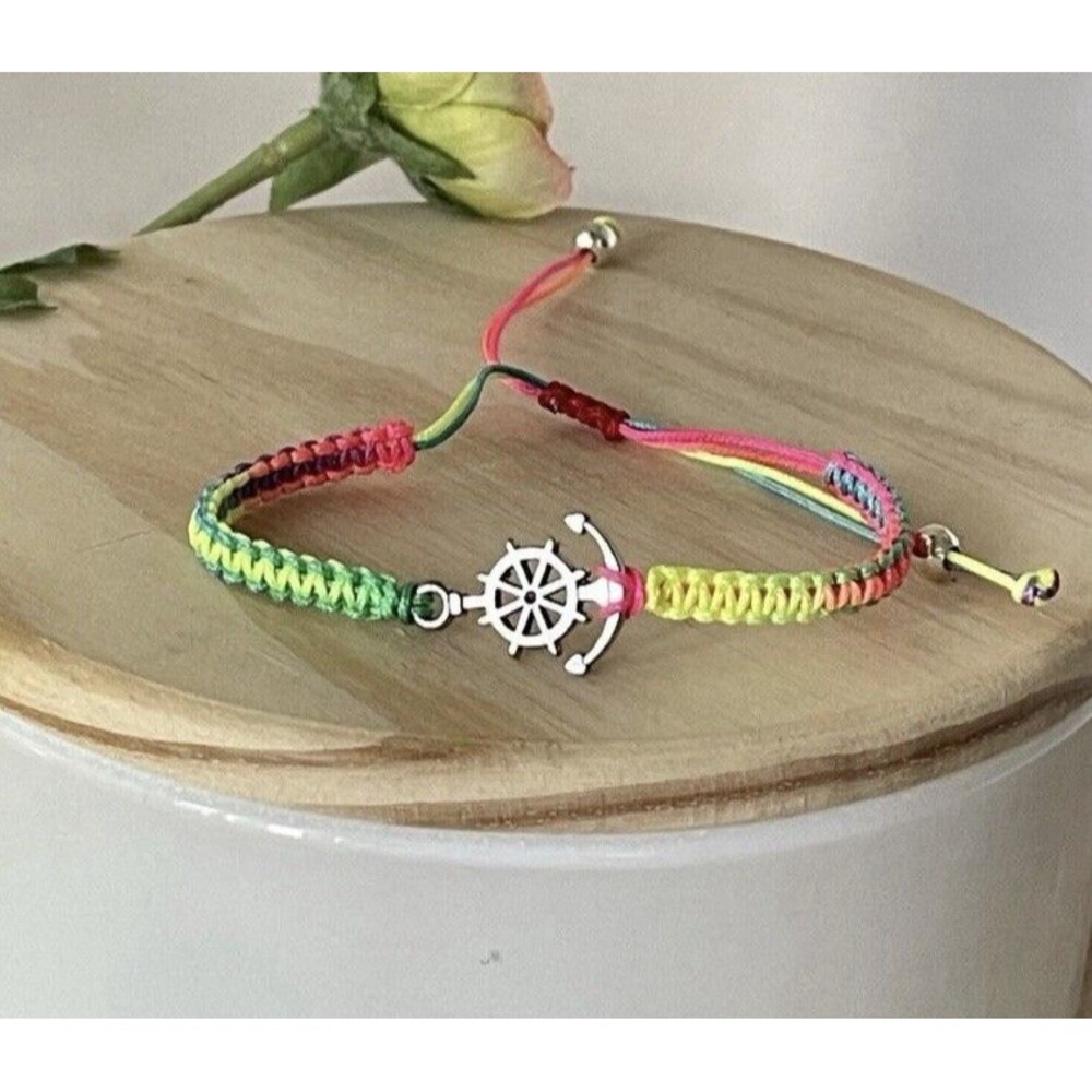 Nautical Anchor & Ship Wheel Bracelet Silver Beads Adjustable Rope Unisex 6-9" - Picture 3 of 4